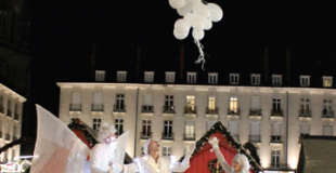 Spectacle et déambulation d'échassiers blancs